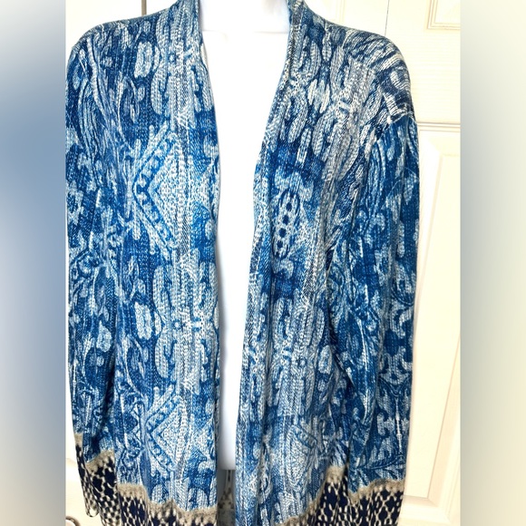 CHICOS Mixed Paisley Maizy Cardigan Sweater Long Blue Ivory Open Front Thin Knit - Picture 4 of 14